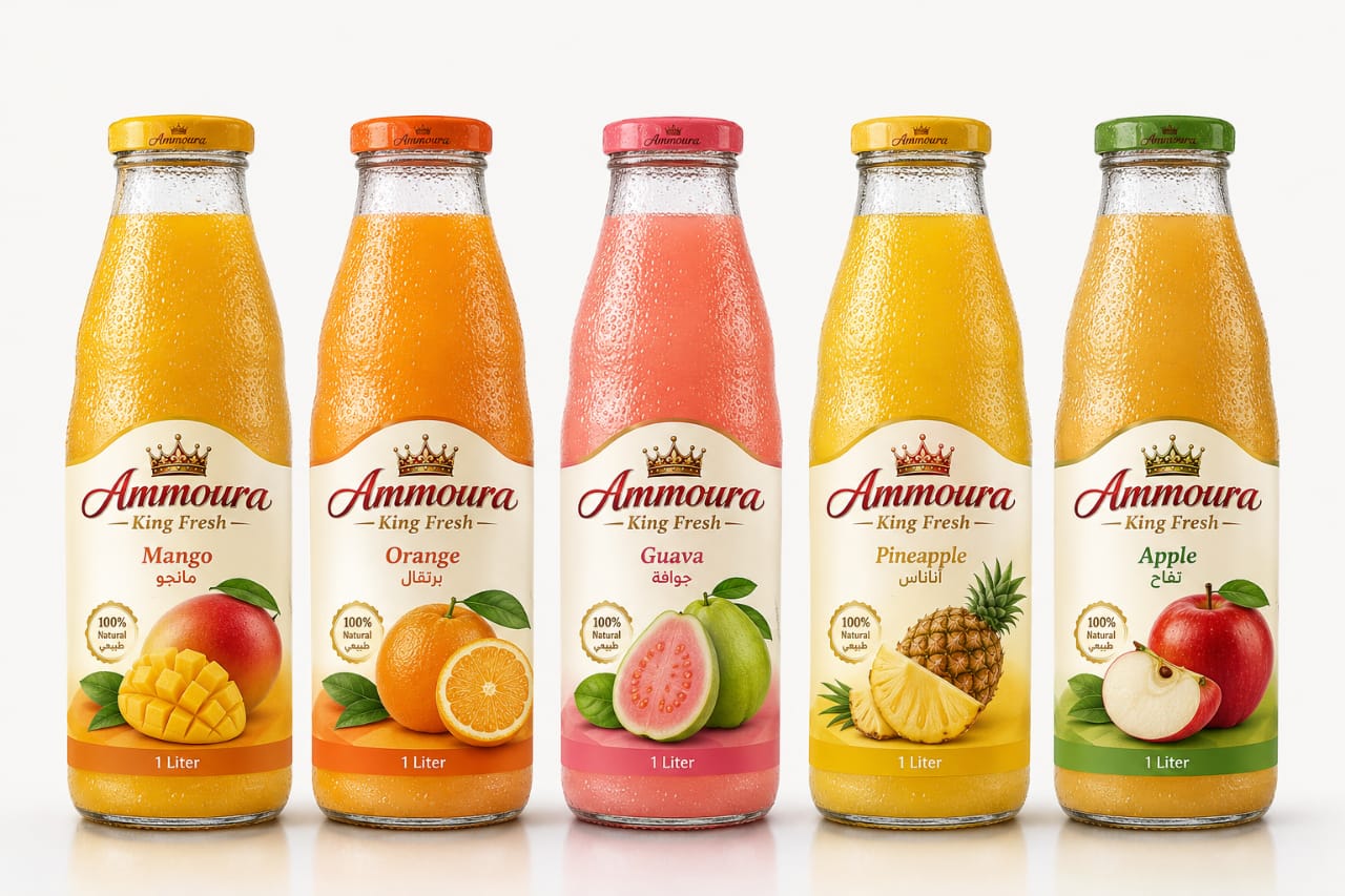 Ammoura King Fresh fruit juice bottles 1L — mango, orange, guava, pineapple, apple